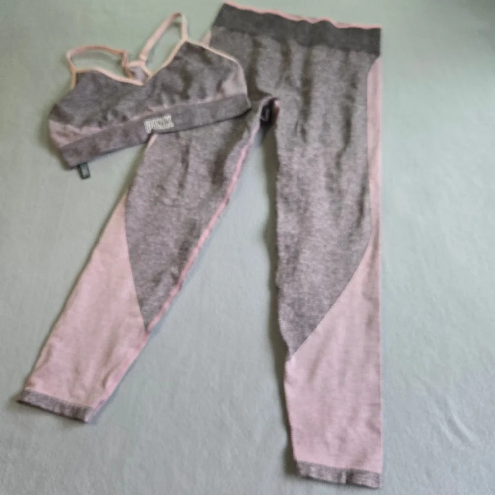 PINK Victoria's Secret Activewear Set Women XL Grey Pink Seamless Leggings Bra - Picture 2 of 8